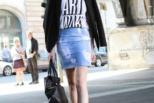 With printed t-shirt, black blazer, ankle strap shoes and bag