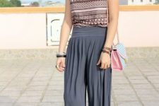 With printed top, flat sandals and printed bag