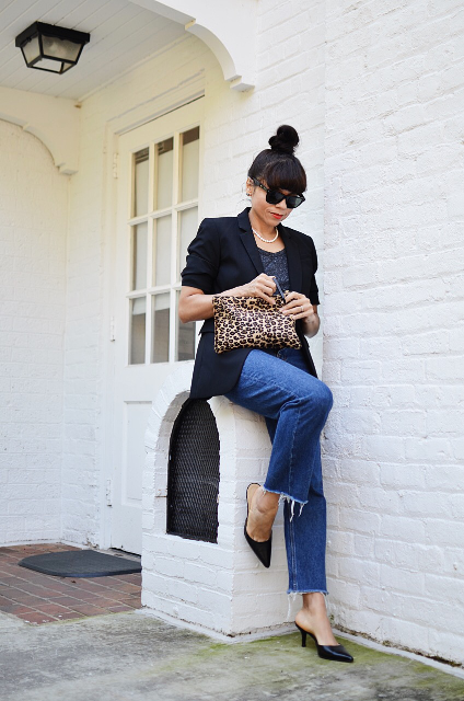 With shirt, jeans, leopard clutch and black blazer