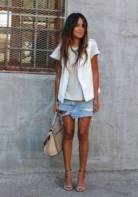 With shirt, white vest, sandals and beige bag
