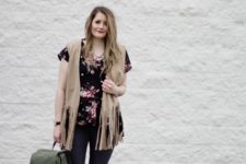With skinny pants, floral blouse, beige shoes and olive green backpack