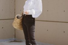 With white blouse, crop jeans and straw bag