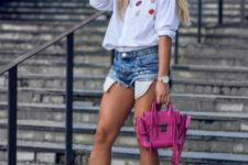 With white button down shirt, purple high heels and pink bag