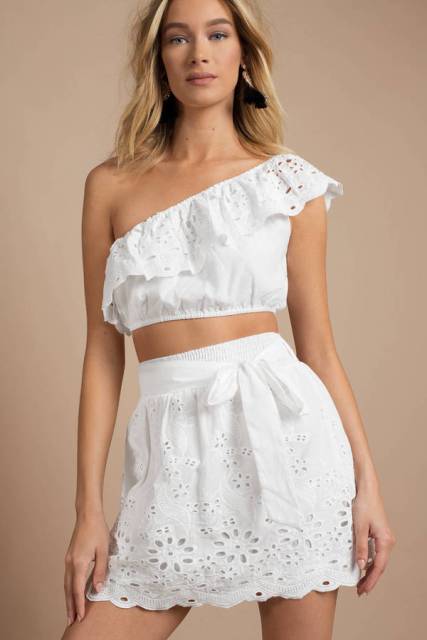 With white lace mini skirt
