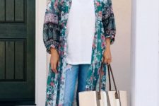 With white loose t-shirt, floral maxi cardigan, cuffed jeans and silver flat sandals