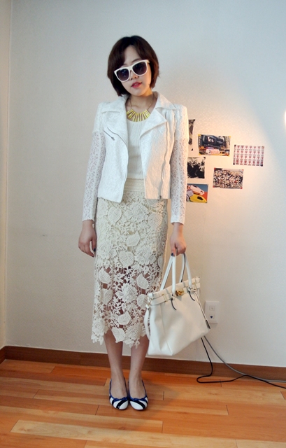 With white top, lace midi skirt, white jacket and bag
