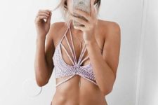 13 a pink crochet bikini with straps and a ruffled bottom for a sexy look