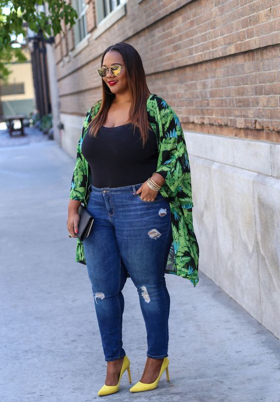 blue ripped jeans, a black top, a tropical leaf kimono, neon yellow heels for going out