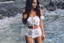 14 a vintage-inspired crochet swimsuit with an off the shoulder lace top and a high waisted bottom