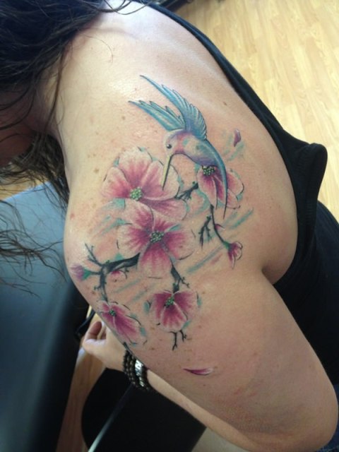 Cherry blossom and blue bird tattoo