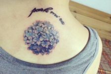 Hydrangea with phrase tattoo on the back
