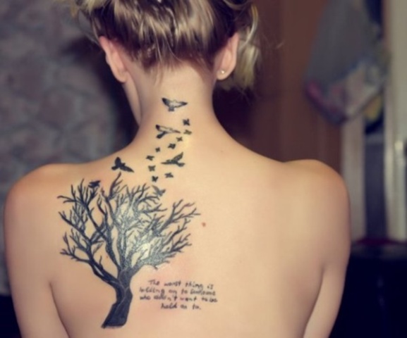 Tree, birds and important words tattoo