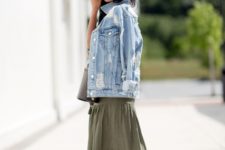 With olive green maxi skirt and white sneakers