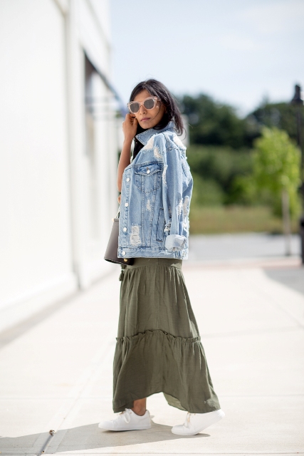 With olive green maxi skirt and white sneakers