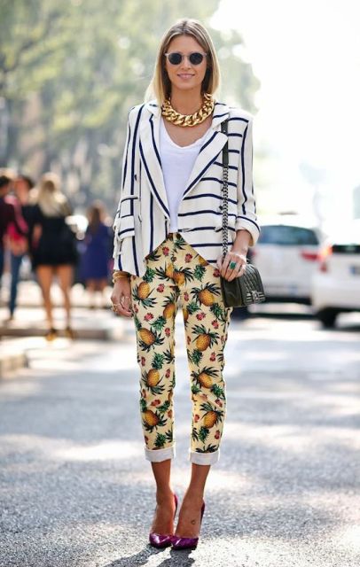 With white shirt, striped jacket, black bag and marsala pumps