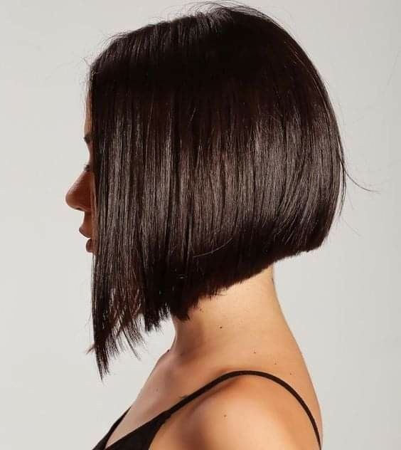 A dark brunette A line bob with a lot of volume and a shiny touch is a cool and catchy idea for those who love geometry