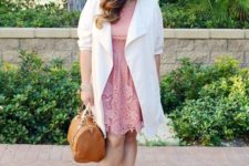 02 a pink lace dress with a creamy duster, printed shoes and a camel bag for a work look