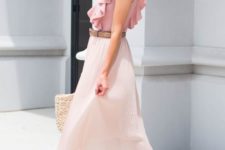 03 a blush pleated midi skirt, a pink ruffled top, metallic shoes and a straw bag for a summer work look