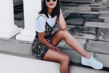03 a white tee and a dark floral mini dress over it, white sneakers