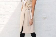05 a white top, black cropped pants, a neutral duster vest and nude heels for work