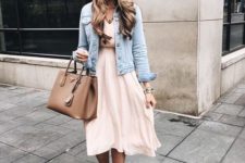 07 a blush midi dress, a distressed denim jacket, blush strappy shoes, a tan bag