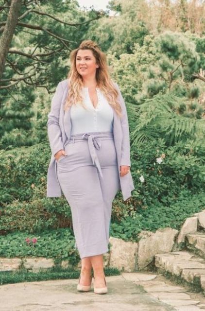 lilac culottes and a long jacket, a white top and nude shoes for a fall work look