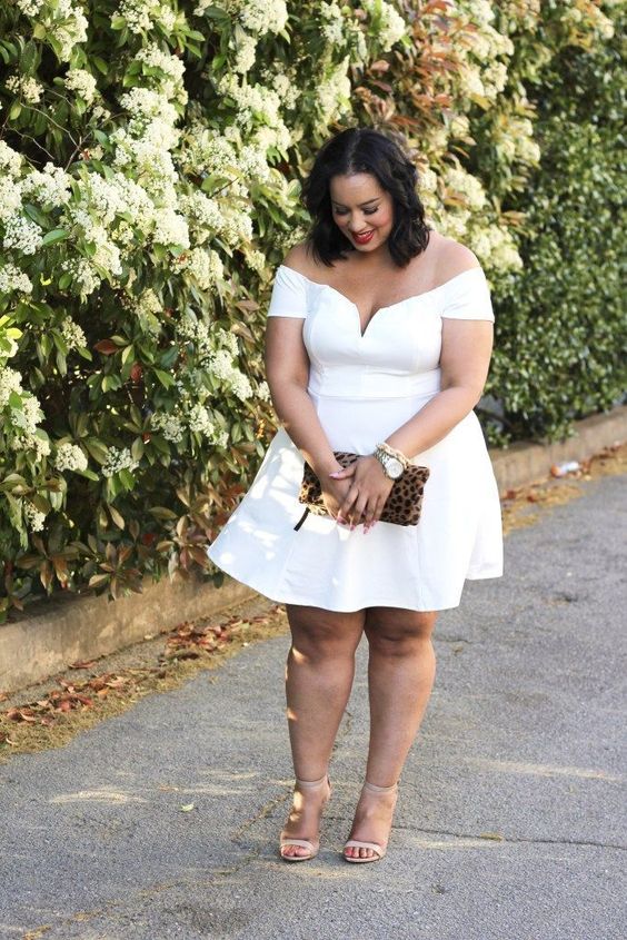 style a white off the shoulder knee dress with nude heels and a clutch for a date