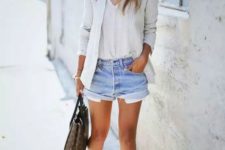 09 blue denim shorts, a white top, a white striped jacket, strappy sandals and a bag