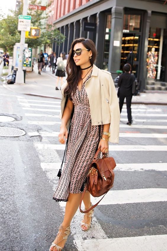 a pink and black chevron midi dress, creamy strappy shoes, a creamy suede jacket and a brown bag