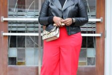11 a black turtleneck, red culottes and shoes, a black leather jacket for a bright fall look