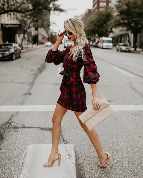 a plaid red and blue mini dress with creative sleeves, nude heels and a nude clutch for a wow look