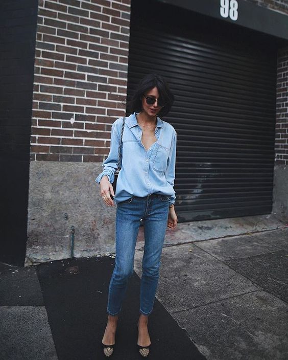 a double denim look with a chambray shirt, blue cropped jeans and embellished flats