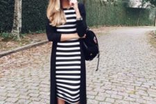 12 a striped bodycon midi dress, a long black cardigan, a black backpack and blush sport shoes