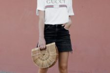 13 a Gucci tee, a black denim mini skirt, flats and a trendy wicker bag