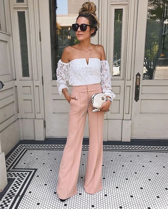 blush pants, a white lace off the shoulder top and a white clutch for a night out
