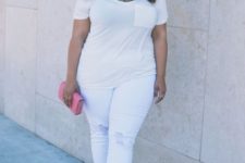 14 white ripped jeans, a white tee with a pocket, white heeled sandals and a pink clutch
