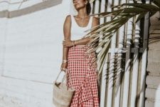relaxed summer outfit with a checked skirt