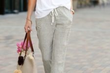16 cropped grey linen pants, a white tee, grey sneakers for a casual summer look