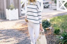 16 white cropped jeans, a striped top, gingham flats and a straw bag