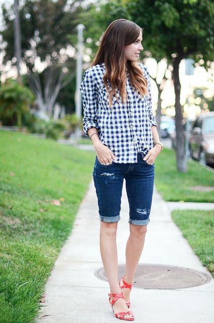 With checked button down shirt and red sandals