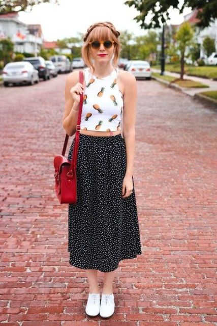 With fruit printed top, red bag and white flat shoes