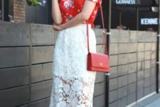 With lace skirt, red bag and beige shoes