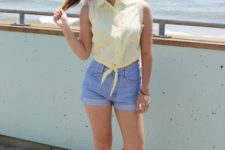 With light yellow top and white sneakers