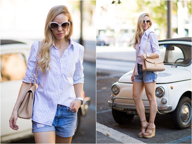With striped button down shirt, denim shorts and chain strap bag