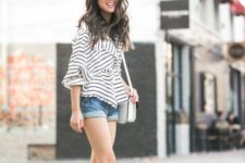 With striped ruffled blouse, white bag and gray cutout boots