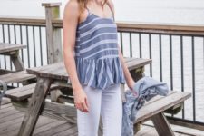 With striped ruffled top, hat and white skinny pants