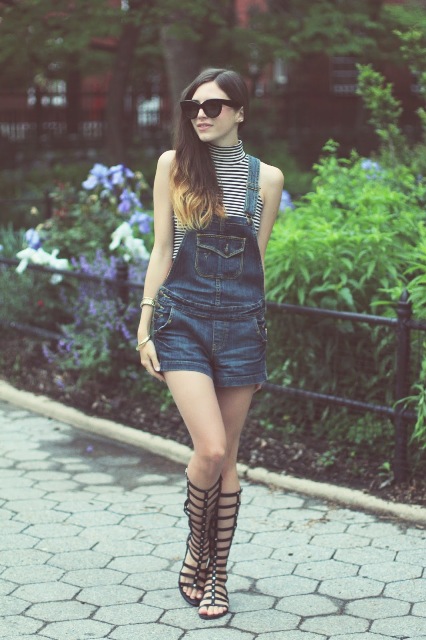 With striped shirt and denim romper