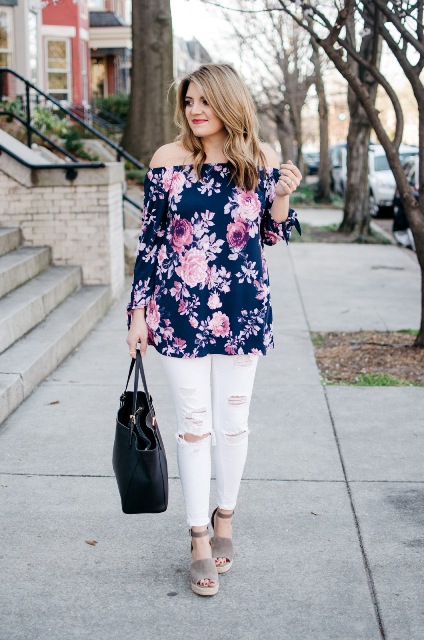 18 Floral Off The Shoulder Blouse Outfits - Styleoholic