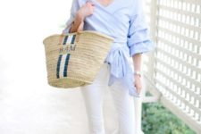 With white pants, straw bag and shoes