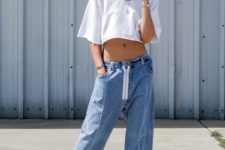 With wide leg jeans and denim shoes